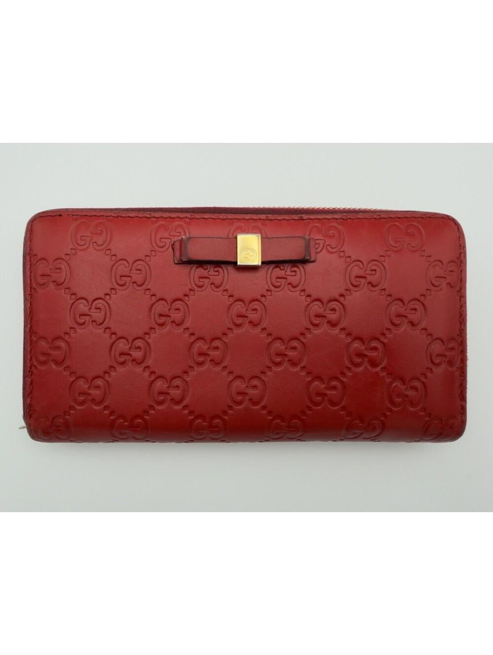 Authentic Gucci Guccissima Leather Interlocking G Bow Zip Around Wallet Red